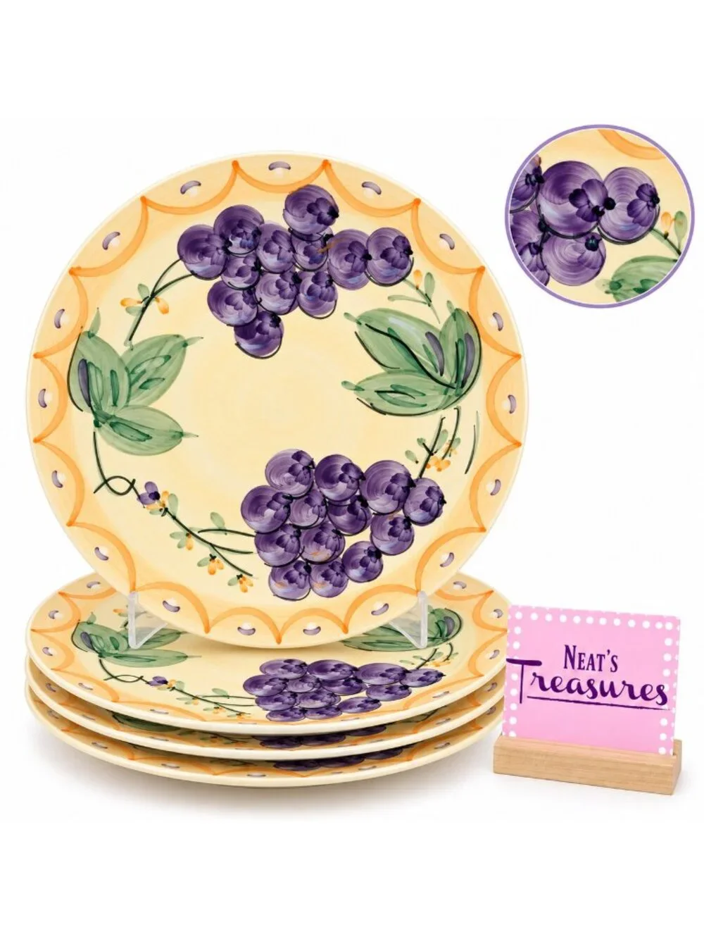 Gibson VENTIAN Purple Grapes Flowers Leaves Aches Stoneware Dinner Plates Set 4